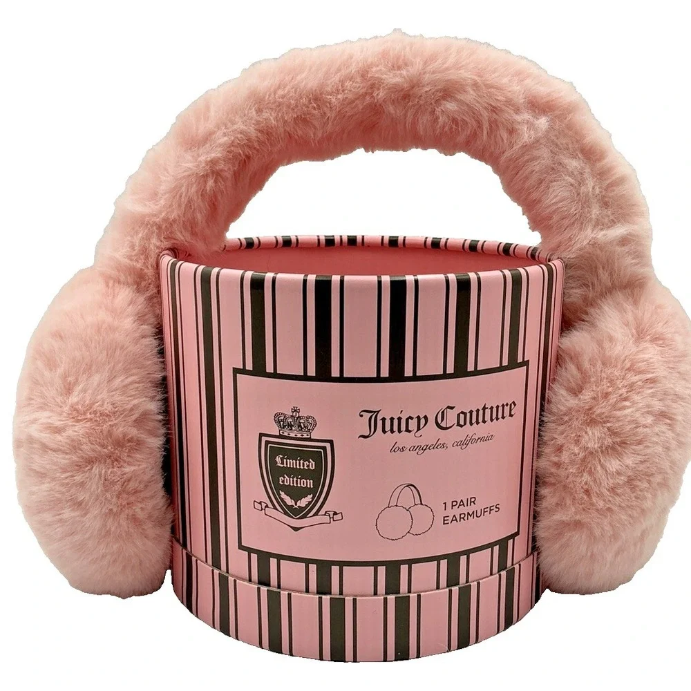 Juicy Couture Pink Faux Fur Earmuffs Pink Stripped Gift Box Y2K Winter NWT